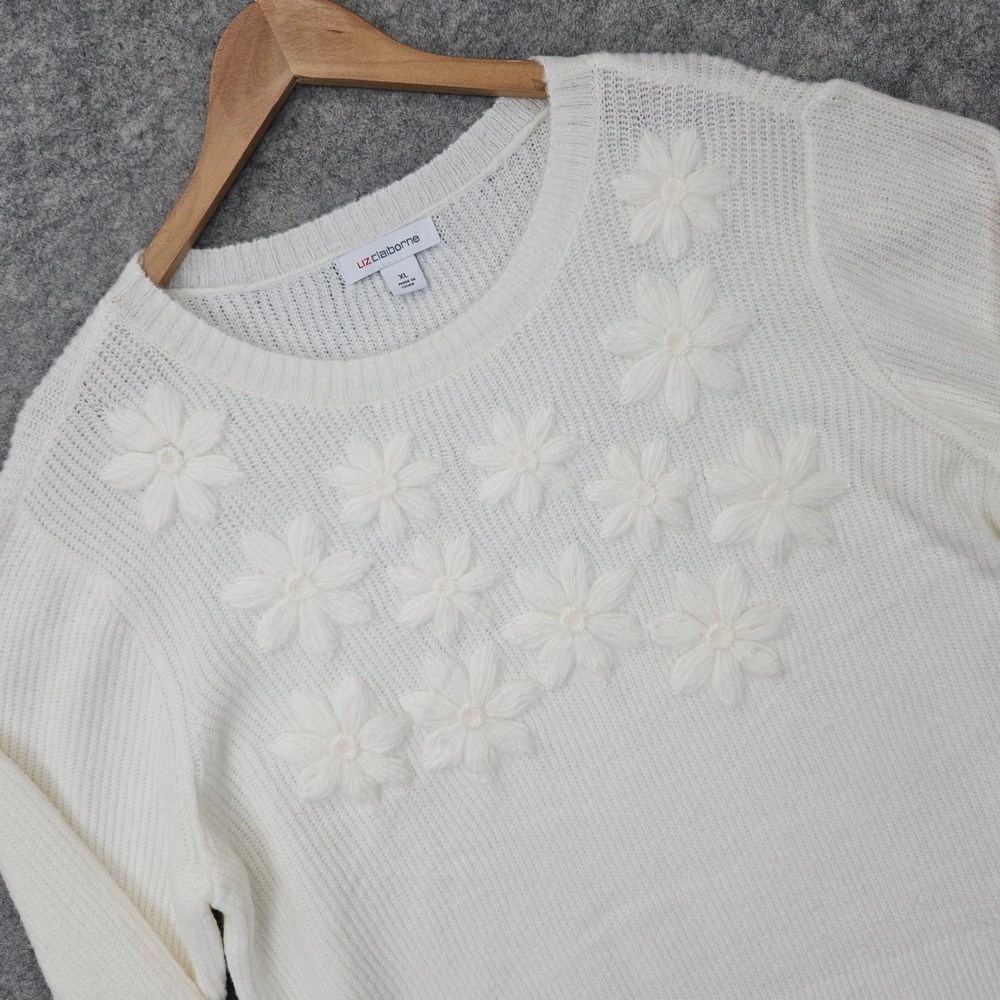 NEW Liz Claiborne Sweater Women's XL White Crema Floral Embroidered Crewneck NWT